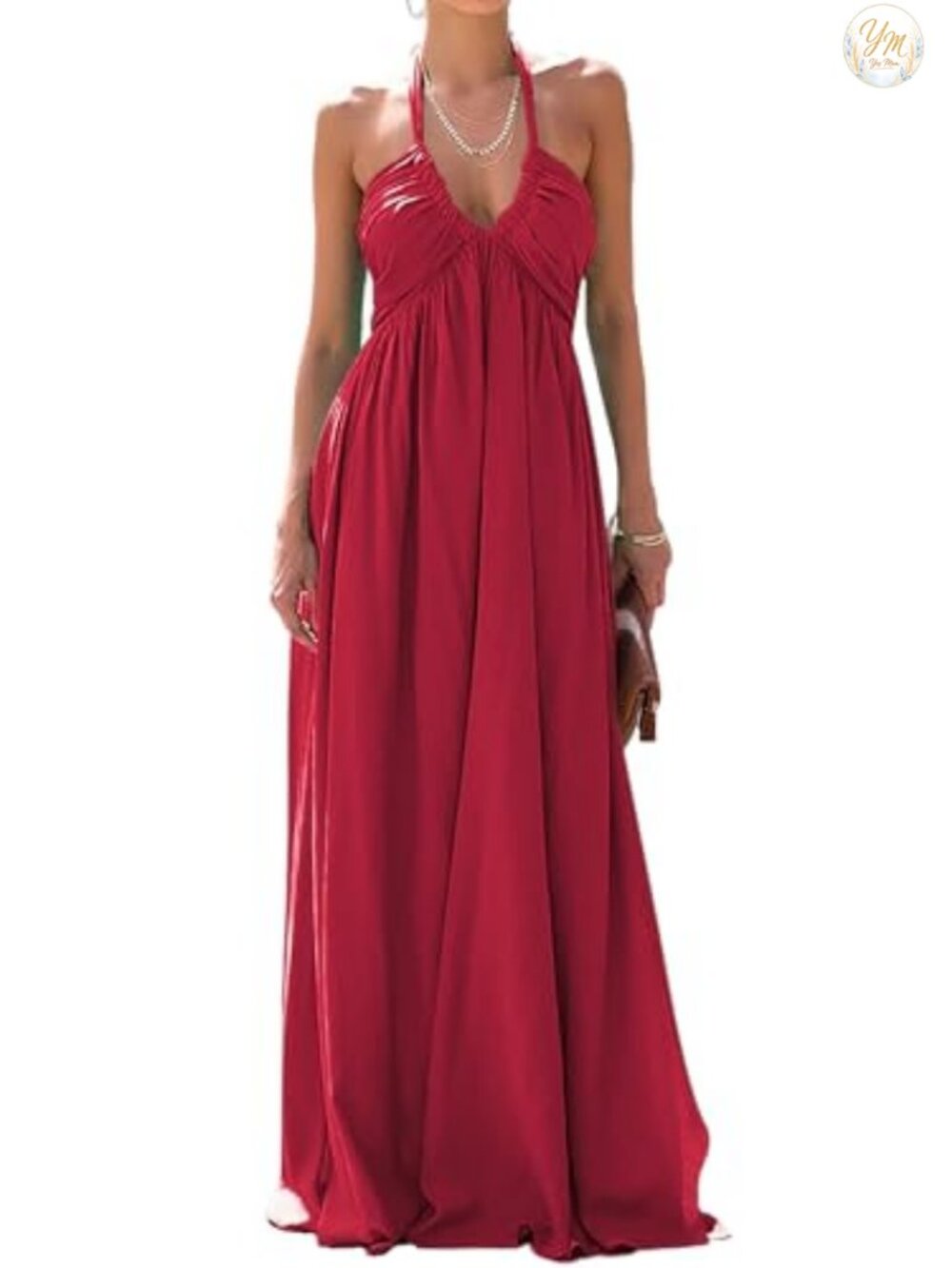 Womens Maxi Dress Halter Neck Backless Smocked High Waisted A Line Long